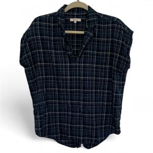 Madewell Blue Plaid Short Sleeve Popover Top